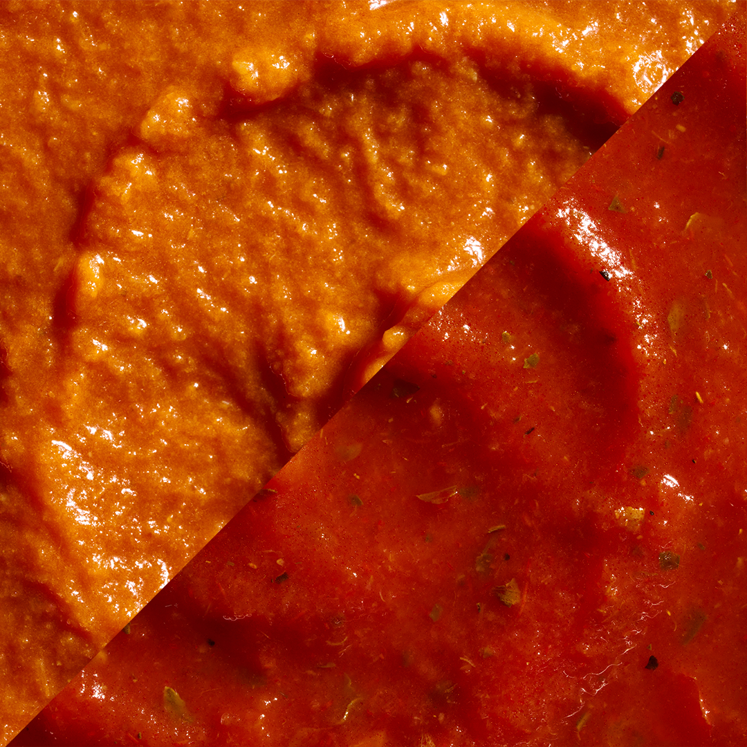 A split-image showcasing two different pasta sauces: one rich and creamy orange sauce on the left, and one vibrant red, herb-flecked marinara sauce on the right, emphasizing their contrasting textures and colors