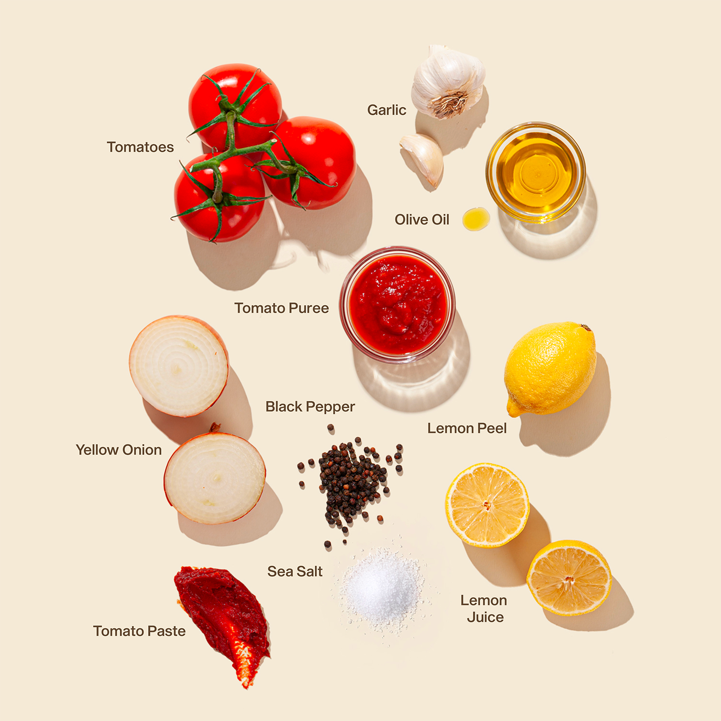 An overhead view of fresh ingredients for SAUZ Summer Lemon Marinara sauce, featuring tomatoes on the vine, yellow onions, garlic cloves, tomato puree, tomato paste, olive oil, lemon peel, lemon juice, black pepper, and sea salt, all neatly arranged on a light background with natural lighting