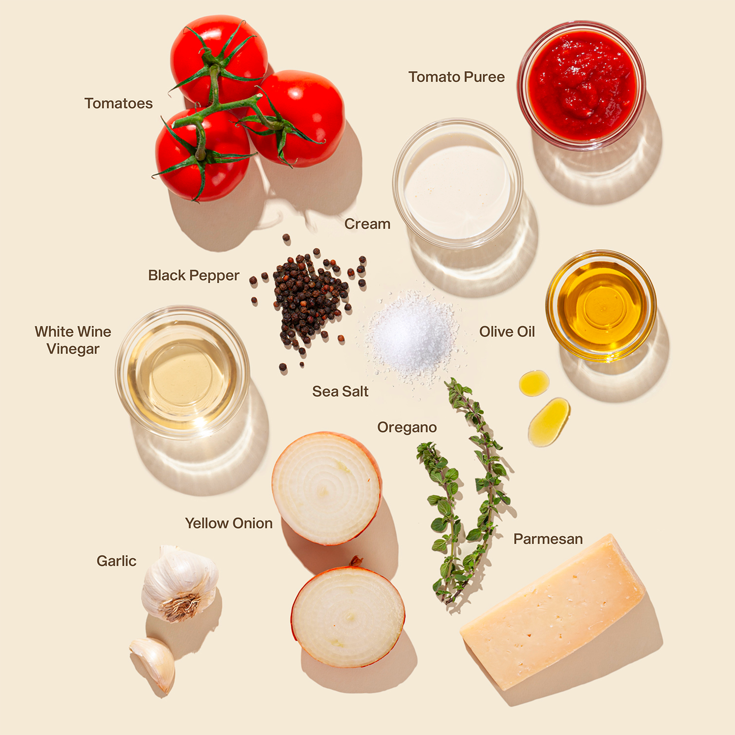 A flat lay of fresh and high-quality ingredients used in SAUZ Cracked Pepper & Parmesan sauce. The arrangement features tomatoes on the vine, tomato puree, cream, black pepper, olive oil, sea salt, oregano sprigs, white wine vinegar, garlic cloves, halved yellow onions, and a wedge of Parmesan cheese, all beautifully lit against a soft neutral background