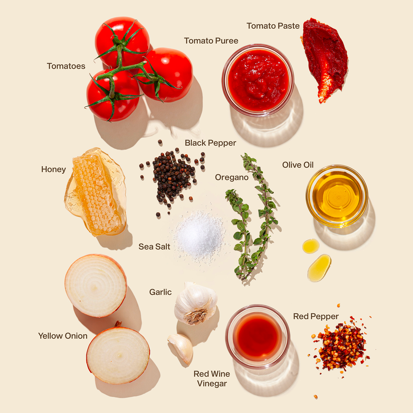 A vibrant flat lay of ingredients for SAUZ Hot Honey Marinara sauce, featuring tomatoes on the vine, tomato puree, tomato paste, garlic cloves, yellow onions, fresh oregano, honeycomb, red wine vinegar, olive oil, sea salt, black pepper, red pepper flakes, and a drizzle of golden olive oil, all beautifully arranged on a neutral background with warm lighting